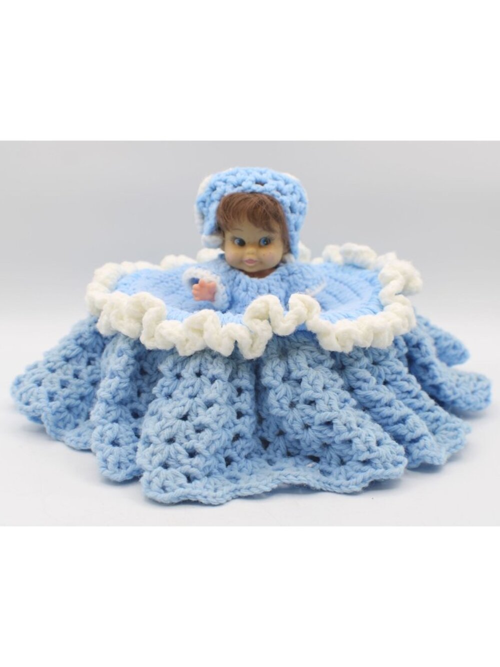 Handmade Crochet Doll Blue Ruffled Dress Trinket Dish Cottagecore Vintage Decor